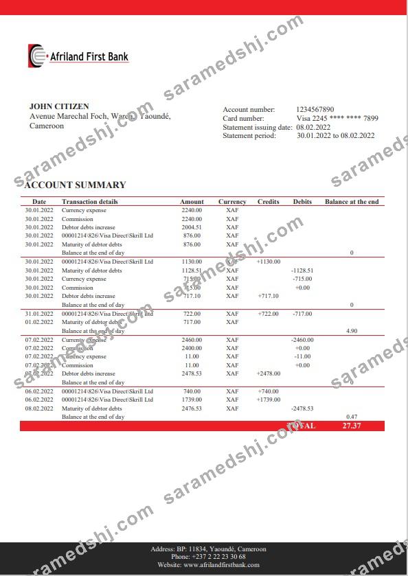 Cameroon Afriland First bank statement Word and PDF template